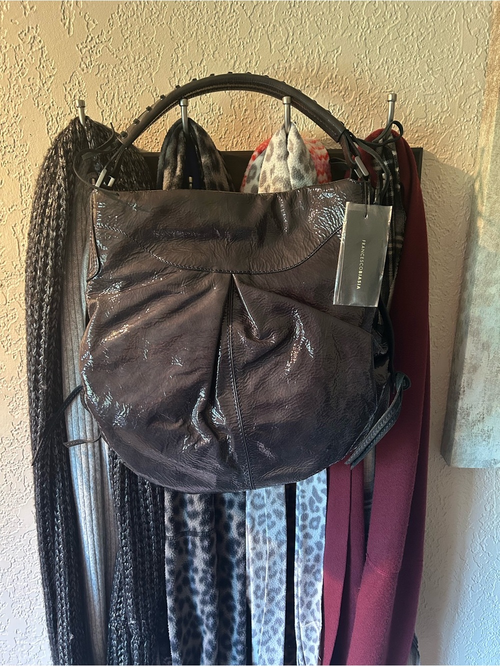 Francesco Biasia Dark Storm Grey Patent Leather Hobo Shoulder Bag